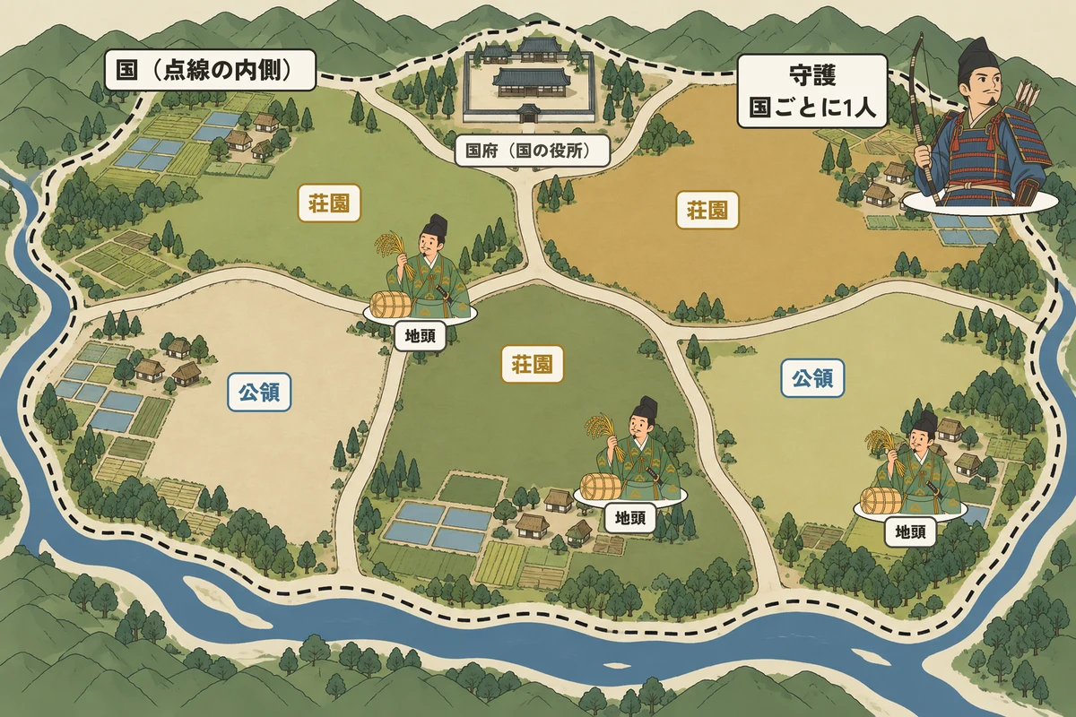 1つの国の中に、荘園と公領がいくつもある。守護は国ごとに1人、地頭は荘園や公領に置かれた